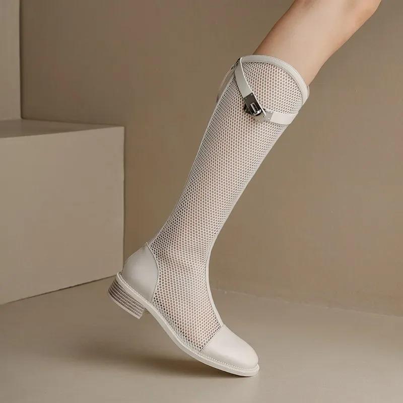 Sommer Neue Damenschuhe Hohe Stiefel Schwarz Weiß Hohe Stiefel Frau Niedriger Absatz Freizeit Sneaker PU-Leder Damen Lange Schuhe