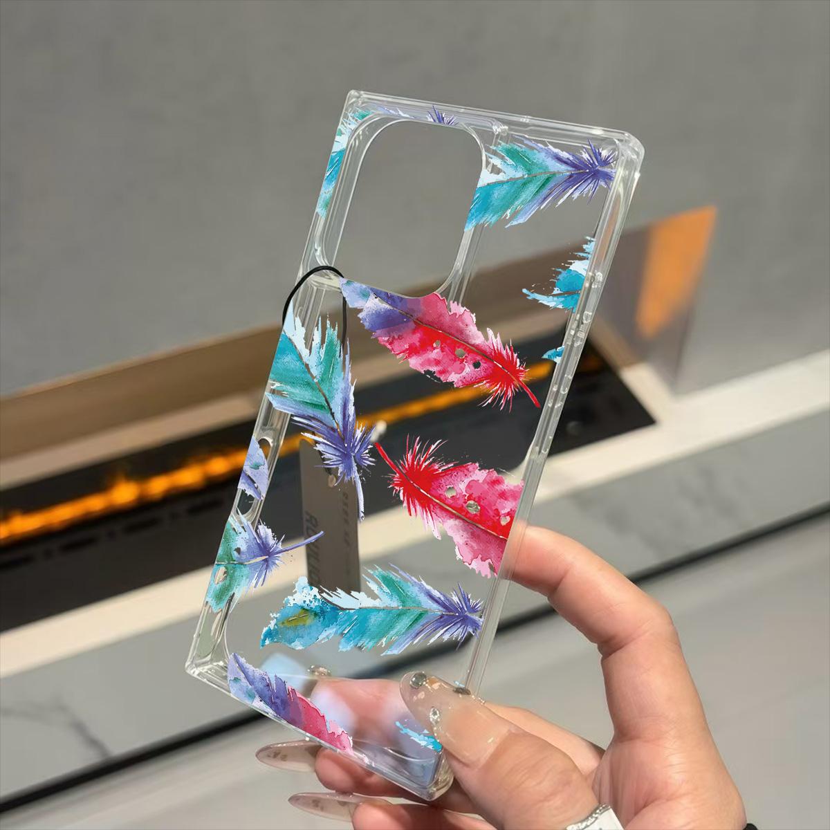

Square Back Tube Protection Clear Case For iPhone 13 14 Pro Max 11 12 16 ProMax 15 Plus Anti-Oxygen,Colored Feathers Pattern Casing iphone 11 ProMax