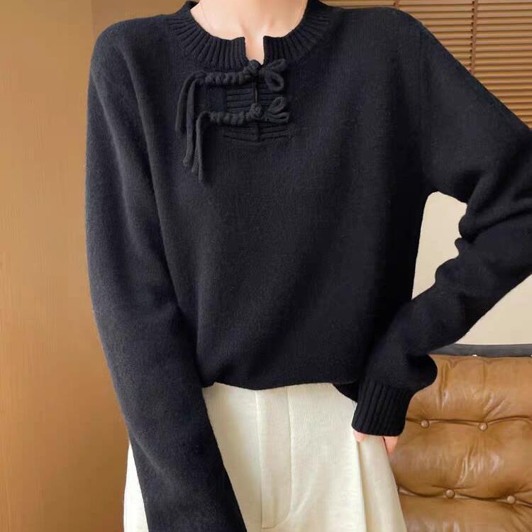 New Chinese Style Autumn and Winter New Women's Half-open Collar Loose Pullover Knitted Sweater Velvet