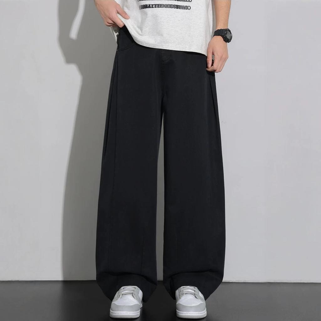 Summer New European Scimitar Splicing Loose Black Straight Wide-leg Casual Pants Men's Very Light Pants