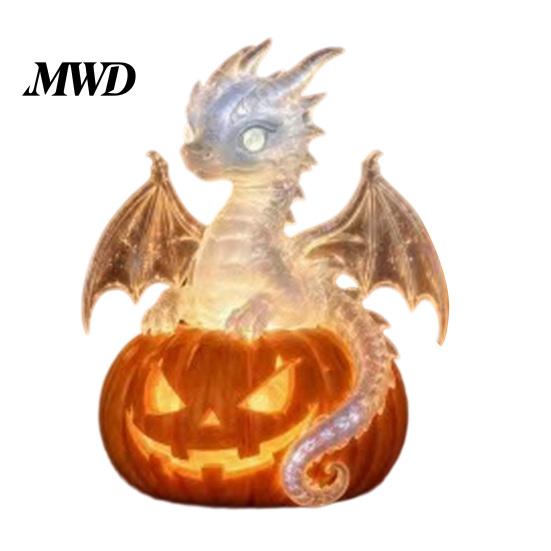 Halloween Party Tischdekoration Kürbis Drachen Statue, LED Leuchtende Harzfigur Beleuchtete Schreibtisch Nachtlampe mit Warmem Licht, Gruselige Fantasy Schreibtisch