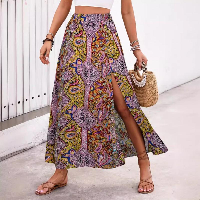Womens A-Line Midi Skirt With Floral Print Split Hem Elegant Casual Dress