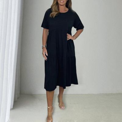 Women's Summer Casual Dress Short Sleeve Flowy A-line Tiered Midi Dress Crew Neck Beach Loose Sundress for Vacation Travel