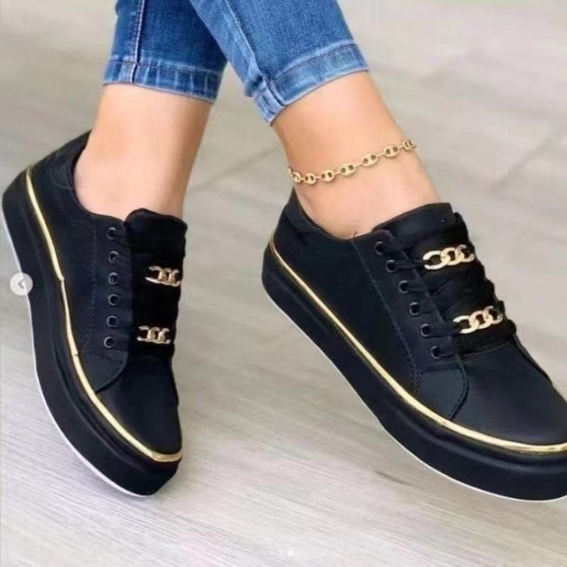 Plus Size Women Sneakers 2024 Shoes Female Lace Up Women's Vulcanize Shoes Chain Round Toe Flat with Outdoor Ladies Casual Shoes