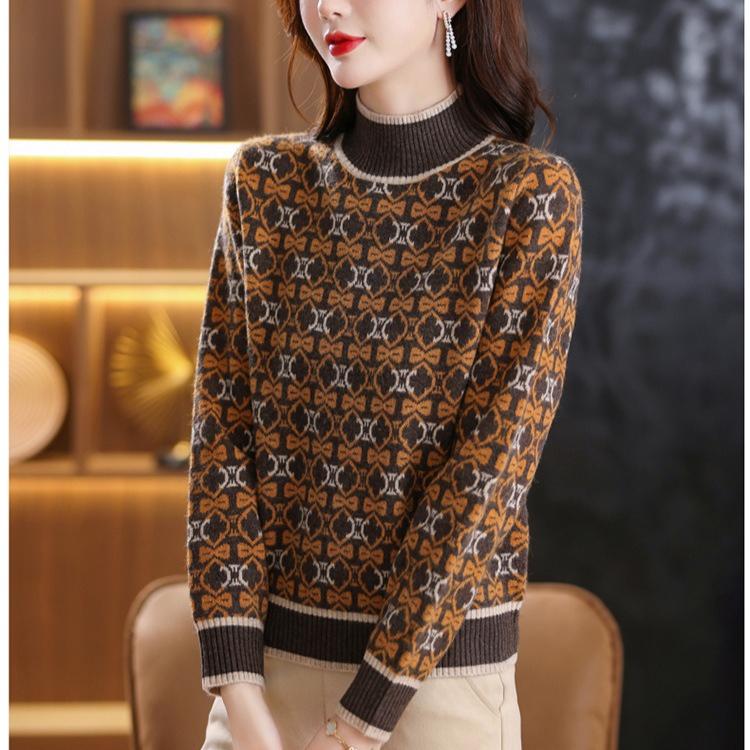 Half Turtleneck Color-blocking Sweater for Women In Autumn and Winter Jacquard Knitted Sweater Floral Casual Long-sleeved Pullover