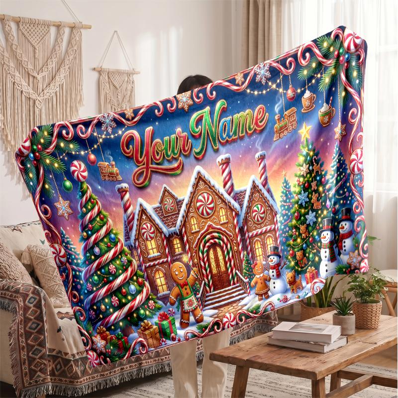 Christmas Custom Name Printed Flannel Blanket Warm Comfort Bed Throw Home Decor Holiday Gift