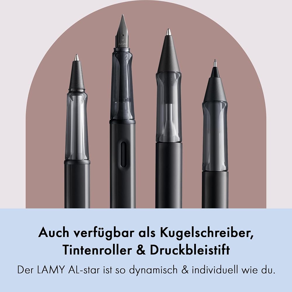 LAMY AL-Star Black Fountain Pen - Ergonomic Grip and Black Steel Nib Size M - Lightweight Aluminu...