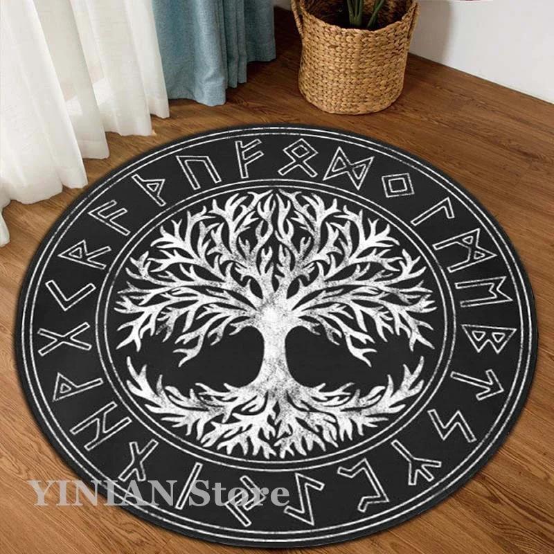 3D Viking Yggdrasil Tree of Life Area Rug Round Carpet Rugs for Living Room Bedroom Sofa Decoration Kids Play Non-slip Floor Mat