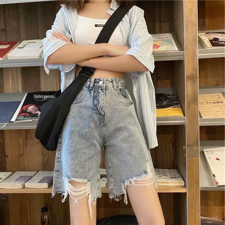 2022 Summer Trendy Women's High-Waisted Ripped Denim Shorts - Loose, Wide-Leg, Mid-Length