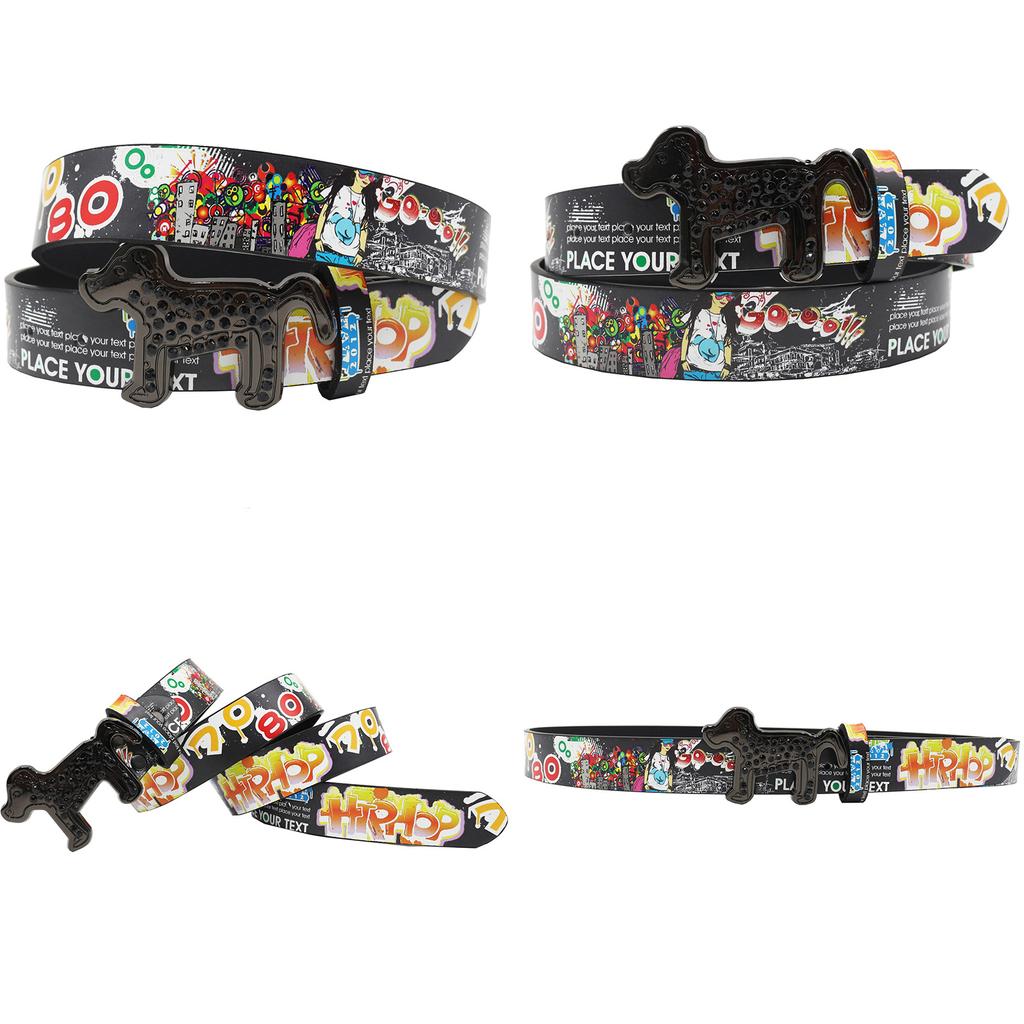 Dog Rhinestone Buckle Smooth Buckle Printed Graffiti Casual Personalized Belt Belt Versatile In Europe and America