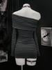 Autumn Winter Striped One-Shoulder Long-Sleeve Y2K Knit Hip-Hugging Dress