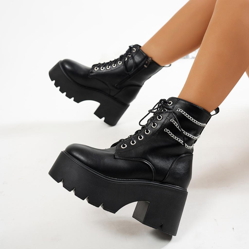 New autumn and winter platform high heel large size punk style chain low boots women's boots