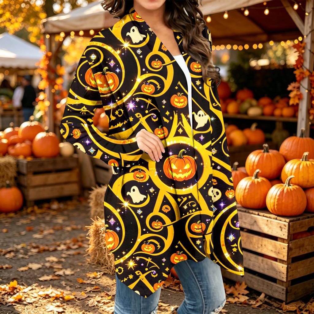 Damen Trendy Halloween-Print Langarm-Strickjacke Pullover für Lässige Herbstmode