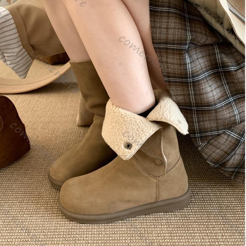Comemore Soft Suede Leather Thick Bottom Retro Short Boots for Women Autumn Winter Casual Flat Button Casual Stacked Botines