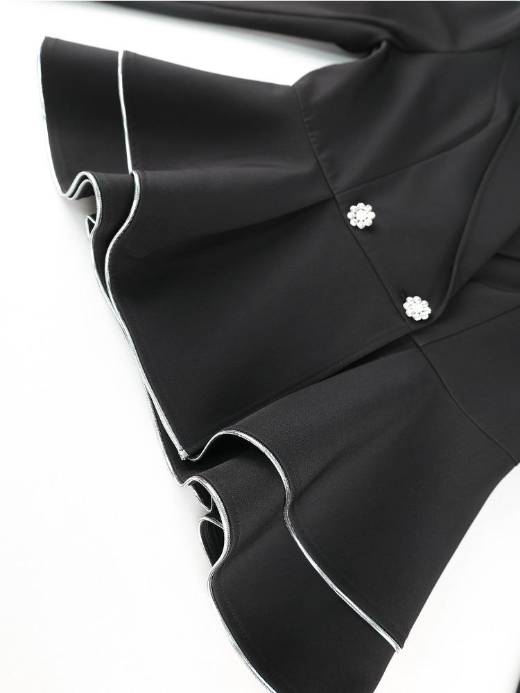 Dámské stylové černé peplum sako s dlouhým rukávem a stříbrným lemováním, formální oblečení pro business pro úřad, podzimní a zimní pracovní outfity