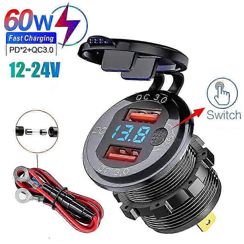 12V/24V Dual USB QC3.0 Outlet Car Charger USB Lighter Socket Waterproof With LED Voltmeter ON/Off Switch Quick Charge Adapter Car Accessories