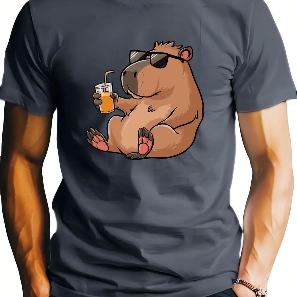 Capybara Drinking Juice Graphic Tee Men Casual Cotton Round Neck Short Sleeve TShirt Cool Summer