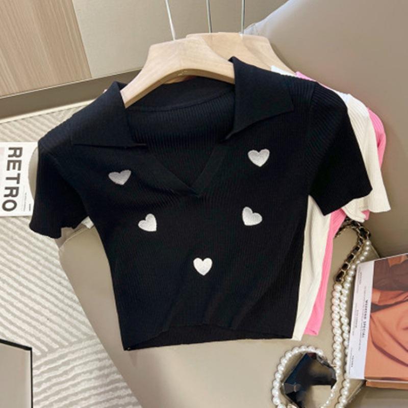 Love Print Knit Shirt Collar Short Sleeve Shirt Female Summer Thin Short Section Top Tide Casual Essential Comfort and Style Slim Fit Pullovers Tees