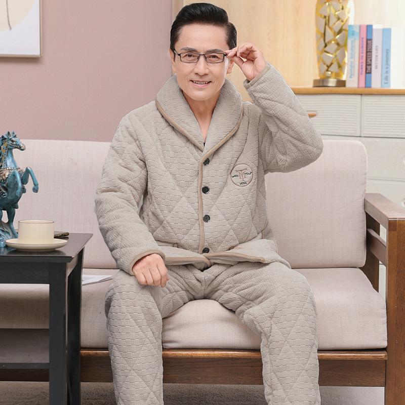 Winter Coral Fleece Men's Pajamas Three-layer Thick Quilted Middle-aged and Elderly Grandpa Flannel Home Service Padded Jacket Suit