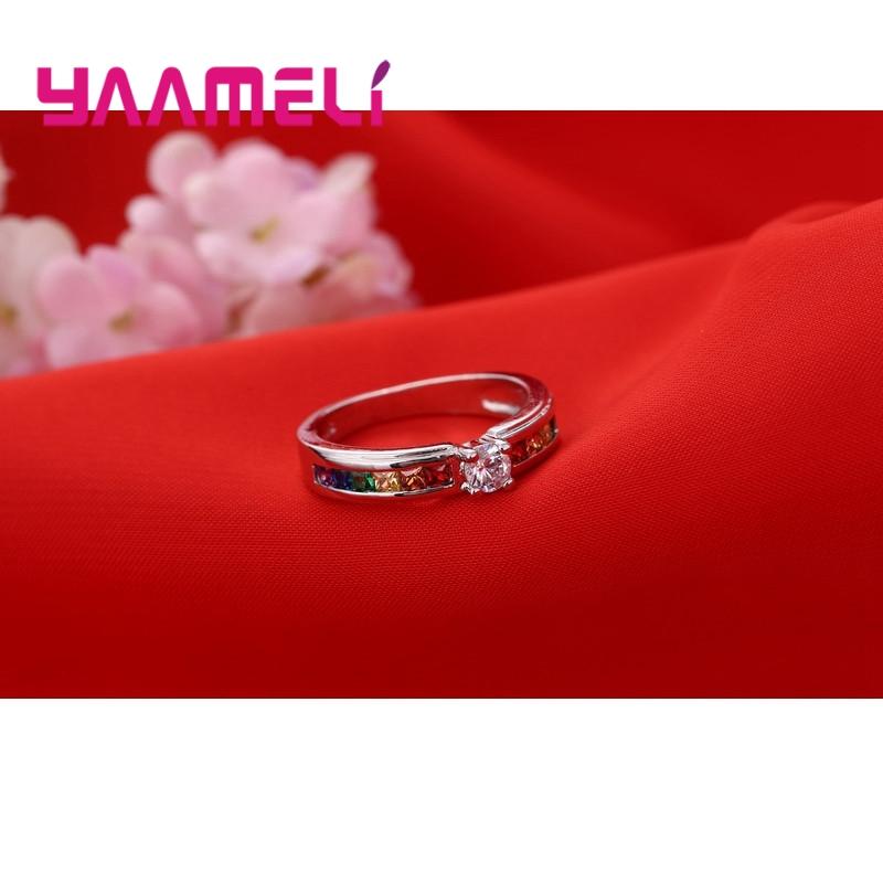 Real 100% 925 Silver Color Rainbow Cubic Zircon Rings For Women Wedding Lovely Engagement Proposal Ring Accessory