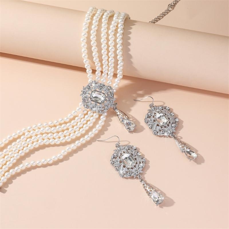 Stylish Layer Rhinestones Waterfall Necklace With Matching Earrings Jewelry Set