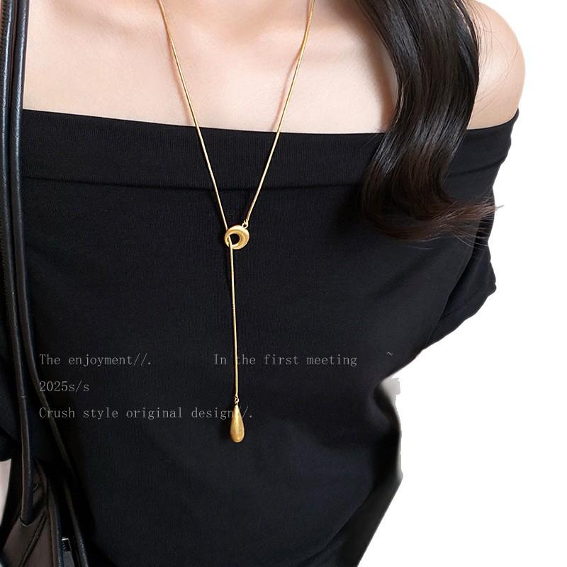 2025 Matte Silver Brushed Teardrop Necklace: Women's Long Retractable Fashion Accessory with Simple, Unique Design