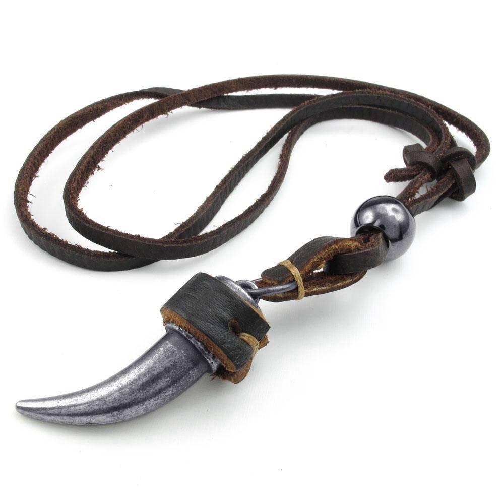jonline24h Mens Adjustable Tribal Wolf Tooth Pendant Leather Necklace Chain Brown Black Silver