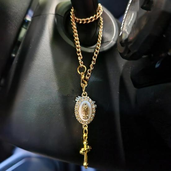 Steering Wheel Rosary Pendant Charm Catholic Rosary Hanging Pendant Virgin Mary Cross Hanging Accessory