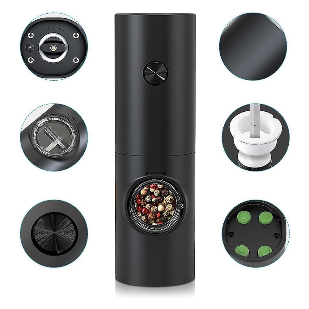 Electric Pepper Small Salt Coarseness Adjustment with LED Spice Battery Stainless Black White Rose Sea Salt One-Touch Mill, Mill, Function, Light,
