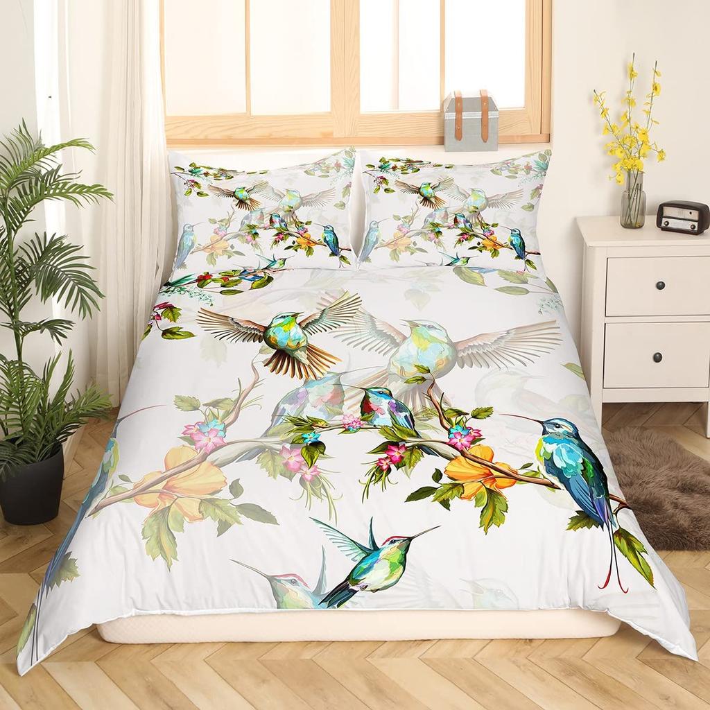 Hummingbird Floral Duvet Cover Birds Bedding Set Blue Green Spring Wild Animals Botanical Comforter Cover Polyester Quilt Cover