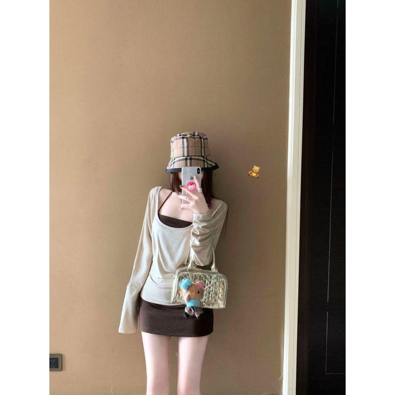 Kumikumi Idle Style Coffee Color Long sleeves Shirt Inner wear Hanging Neck Sling Women Autumn Slimming Skirt Three-Piece Set