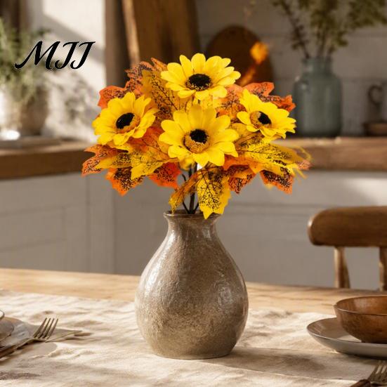 Fake Flowers for Wedding Background Artificial Sunflower Maple Leaf Bouquet, Fall Flowers,Realistic Silk Faux Decorative Fireplace Flower Thanksgiving