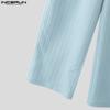 INCERUN Two Pieces Outfits Men V Neck Texture Short Sleeve Shirt Long Straight Pants Sets