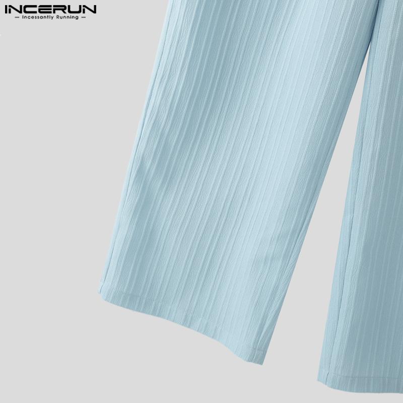 INCERUN Conjuntos de dos piezas para hombre con camisa de manga corta con textura y cuello en V y pantalones largos rectos