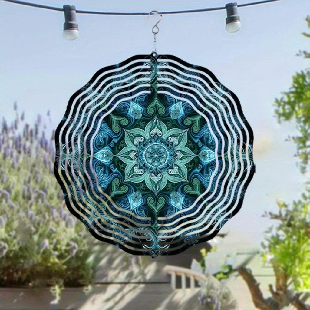 Vibrant Blue Green Geometric Wind Chime 10 Inch Outdoor Metal Garden Sculpture with Intricate Patterns Ideal for Spring Summer Fall Winter Decor