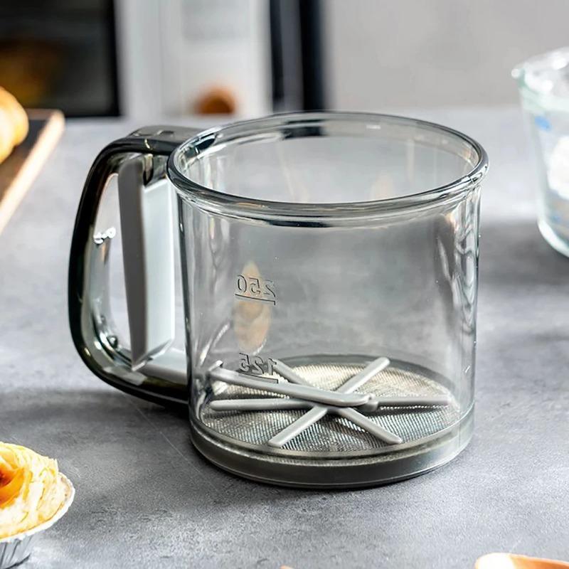 1pcs Semi Automatic Flour Sieve Fine Mesh Sieve Powder Cup with Scale Flour Cocoa Powder Filtration Baking