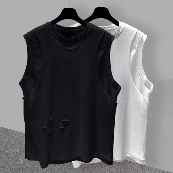 Men Summer Casual Vest O-neck Sleeveless Loose Fit Tank Tops Solid Color Ripped Holes Street Style Vest Bottoming T-shirt