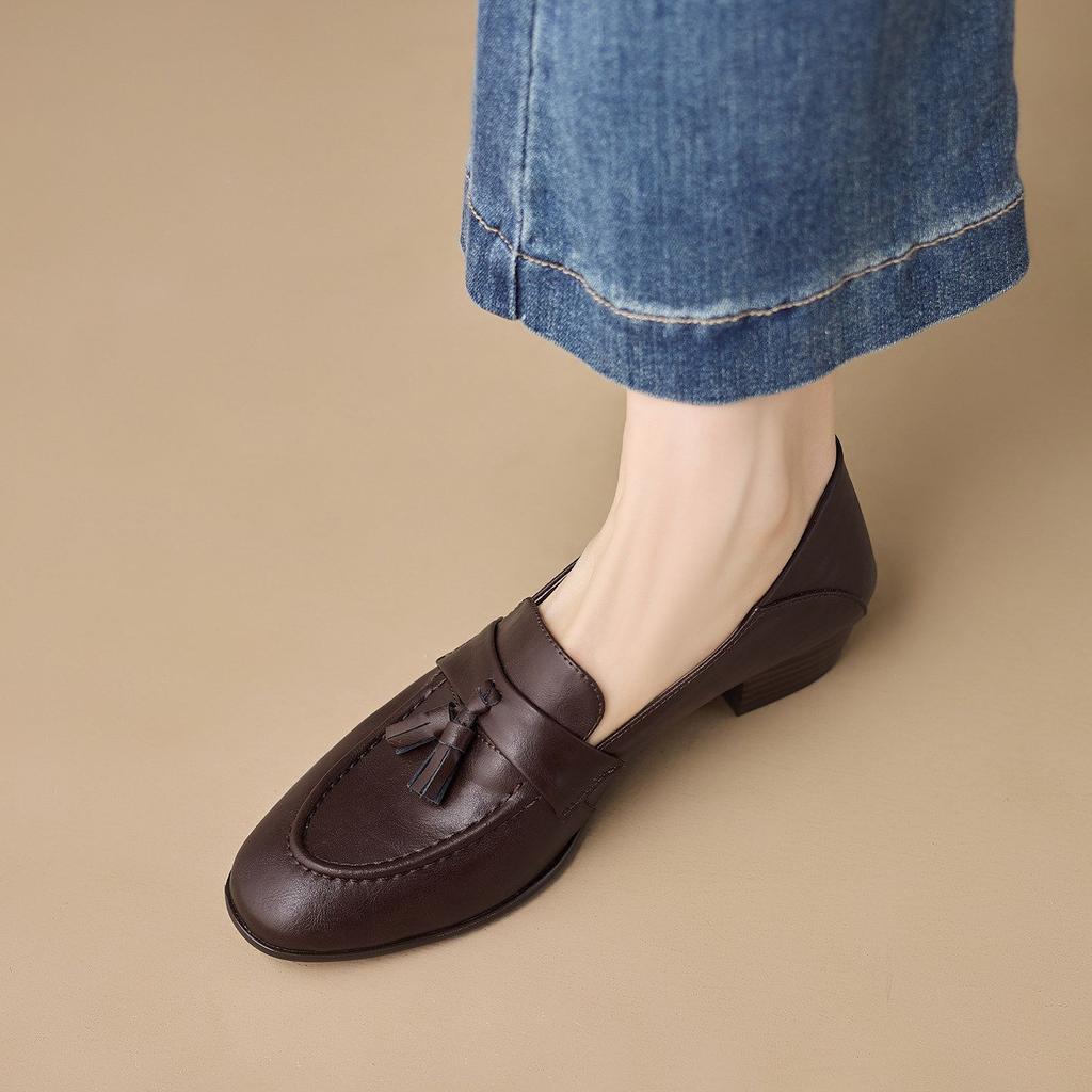 Mute sole/all leather thick heel single shoes femininity commuting small leather shoes soft sole comfortable women