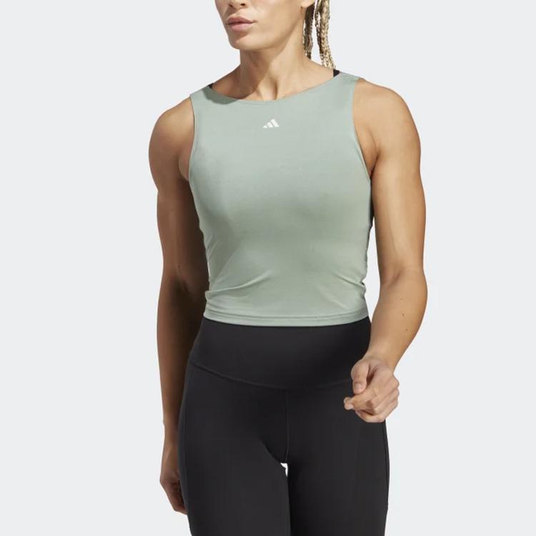 Adidas Solid Color Round Neck Slim Fit Sleeveless Tank Top Women Tops Green HR5063