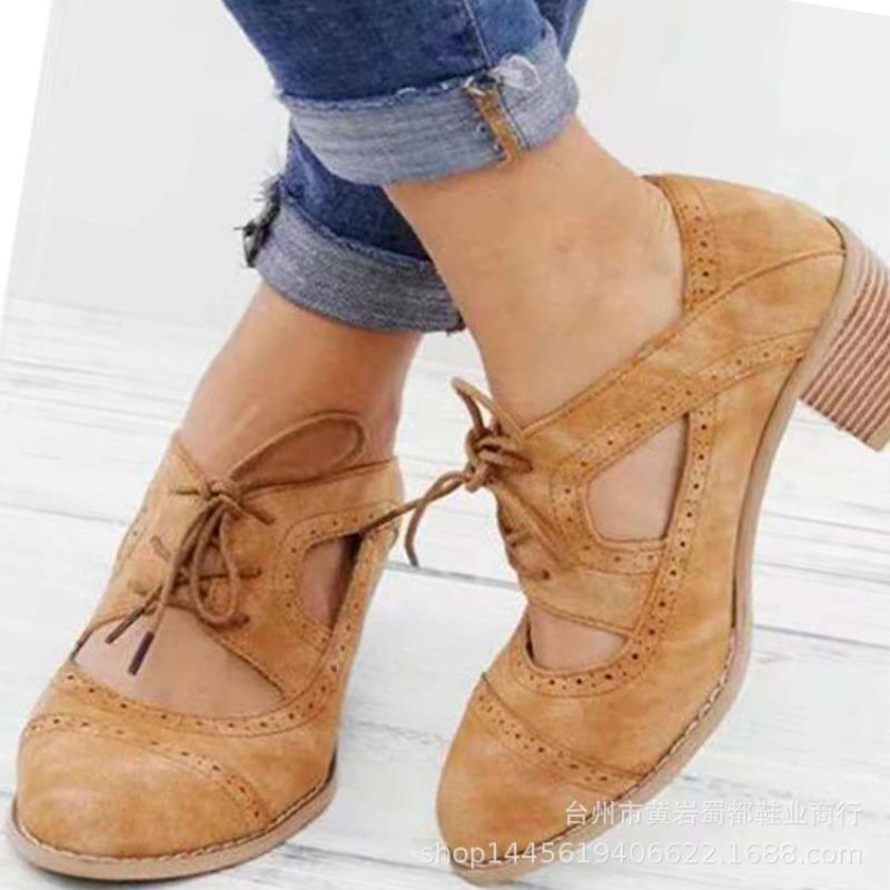 Spring and summer new thick heel high heel fashion single shoes women's large size lace-up hollow engraved women's shoes