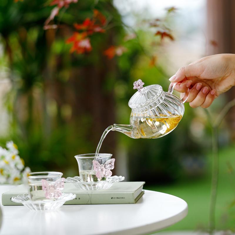 Heat Glass Flower Tea Pot Hand Blown Teapot with Infuser Large Capacity Kettle for Brewing Rose Herbal Loose Leaf Tea