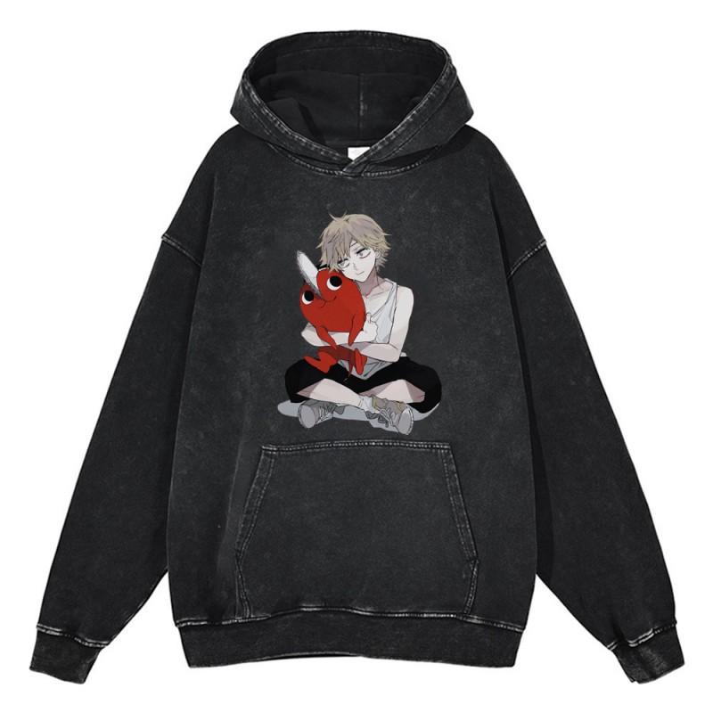 Heavyweight 440g Washed Vintage Denim-Style Anime Hoodie Men Streetwear Casual Sweatshirt
