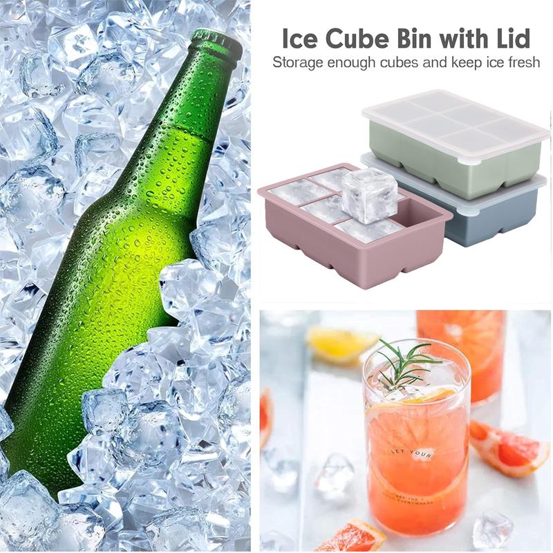 6 Cube Ice Tray Mold Giant Large Food Grade Silicone Mold with Lid Reusable Whiskey Cube Square Tray DIY Ice Maker Ice Tray