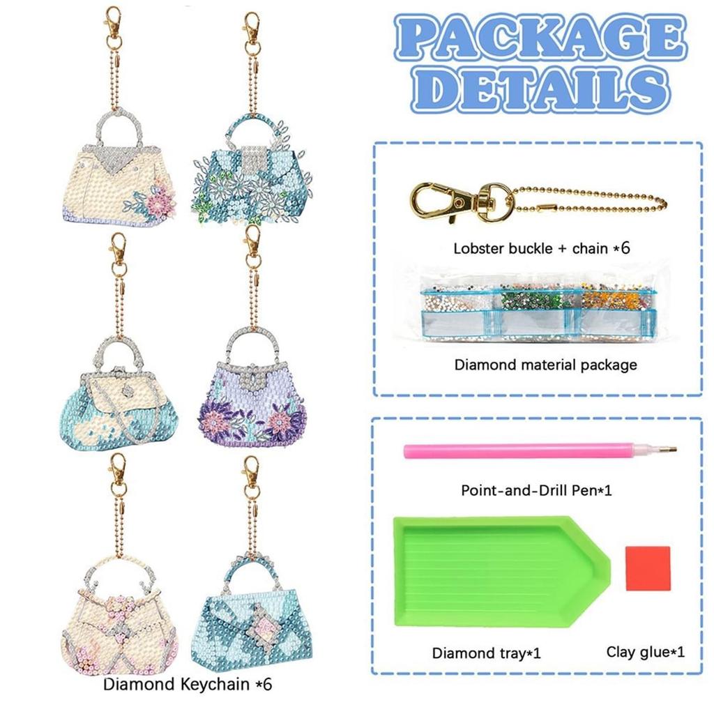 Diamond Art Keychain Bag Charm Pendant Kit DIY Handmade Painting Craft Kit Diamond Art Set 6-Piece