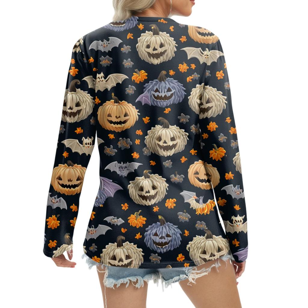 Women's Casual Fashion Sexy Comfort Halloween Printed V-Neck Button Long Sleeve