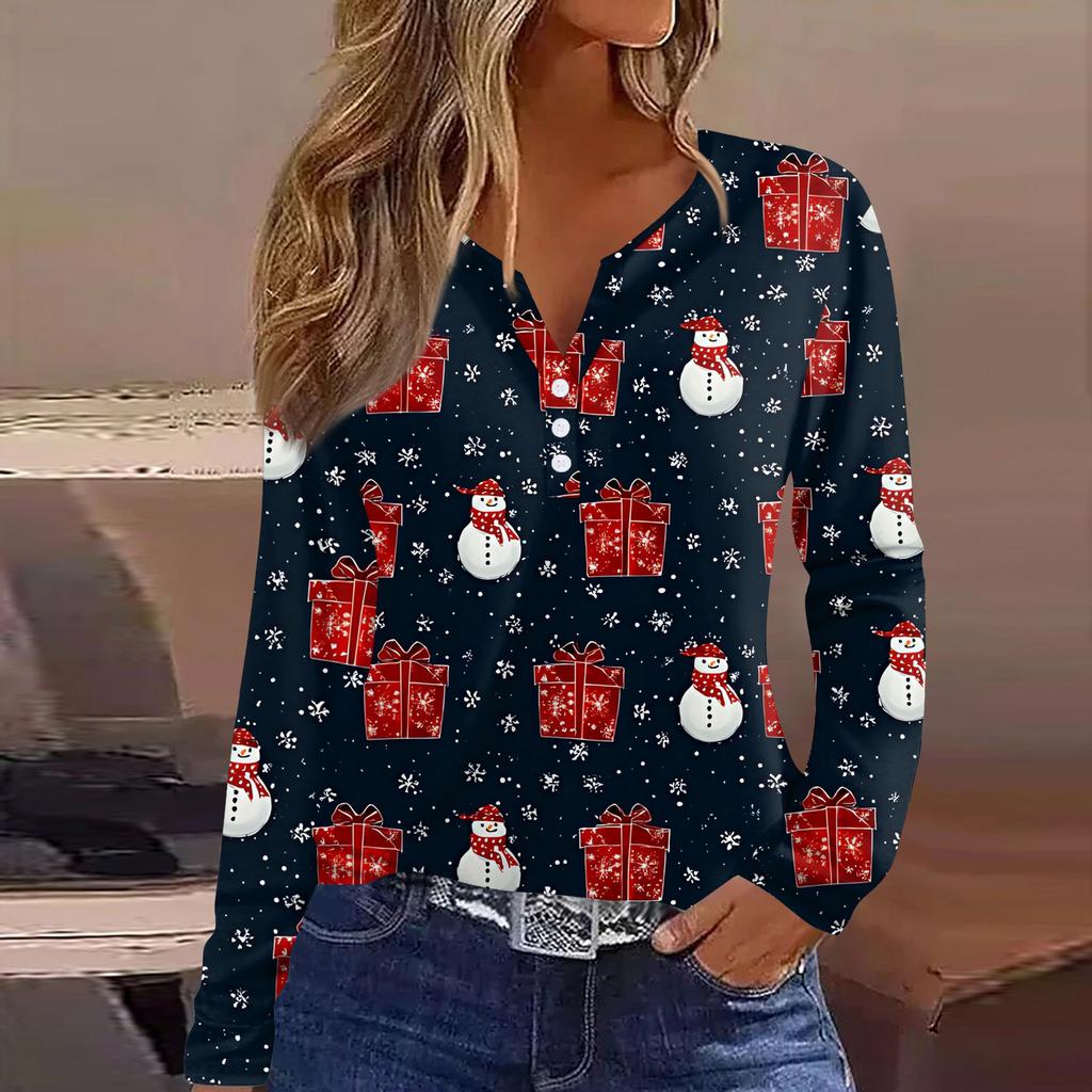 Women's T Shirt Tee Christmas Printed Button Long Sleeve Tunic Daily Weekend Fashion Basic V- Neck Regular Top