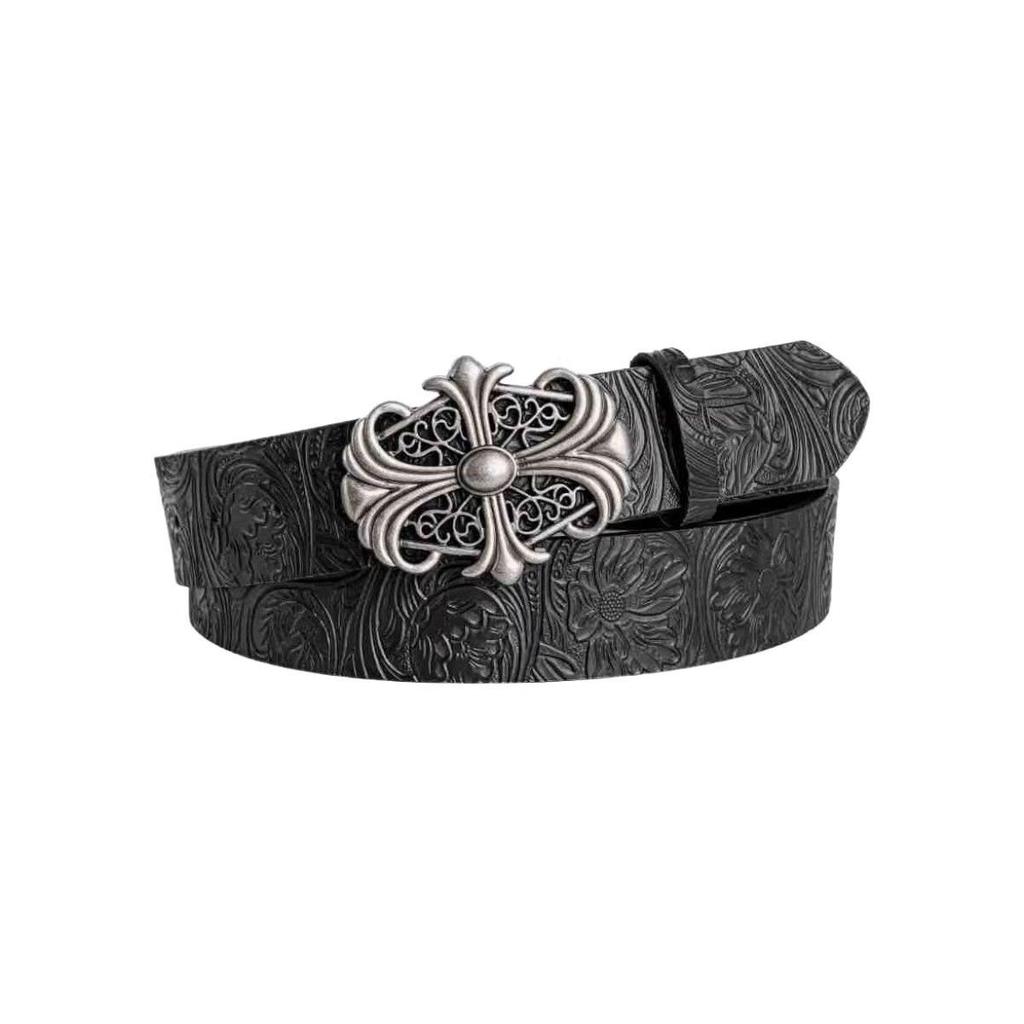 Vintage Street‑Style Denim Belt Cross‑Carved Rivet Decor Waistband Niche Subculture Fashion Belt for Daily Casual Outfits