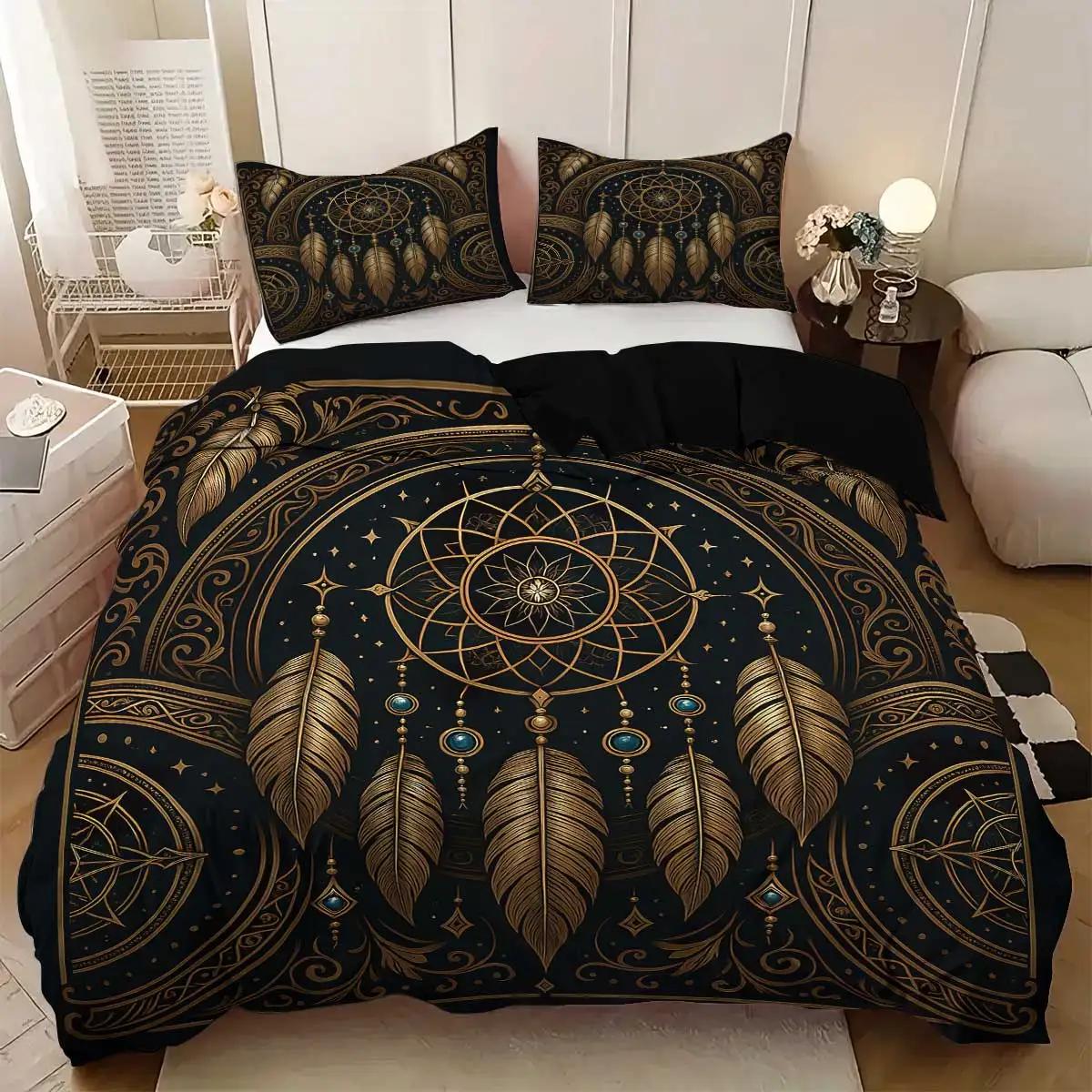 

3pcs Dreamcatcher pattern printed bedding set,1 quilt cover+2 pillowcase, suitable for adults bedroom, home decoration 135x200cm-EU-Single