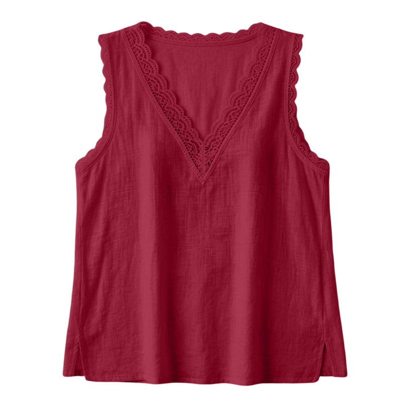 Womens Casual Summer Sleeveless V Neck Lace Trim Shirt