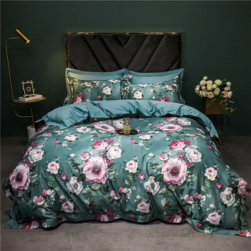 140TC Egyptian Coton Floral Bird Printing Beding Set, Soft Duvet Cover, Bed Shet, Pilowcases, American Style, High-End Premium 4Pcs